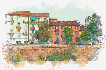 Watercolor sketch of a beautiful view of traditional residential buildings along the river promenade in Verona in Italy