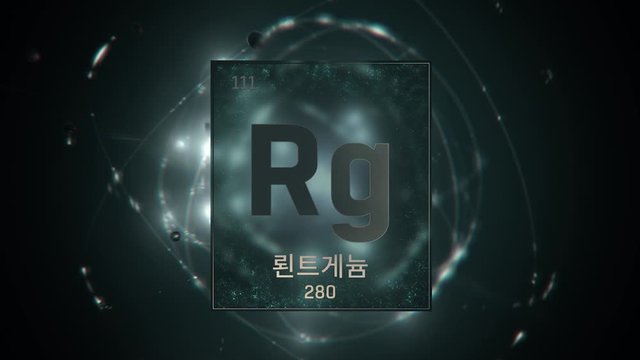 Roentgenium as Element 111 of the Periodic Table. Seamlessly looping 3D animation on green illuminated atom design background orbiting electrons name, atomic weight element number in Korean language