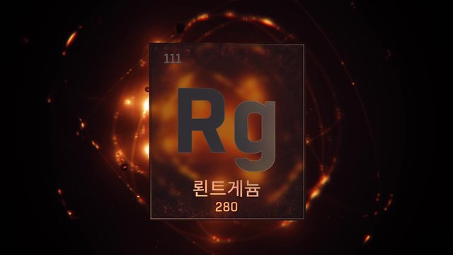 Roentgenium as Element 111 of the Periodic Table. Seamlessly looping 3D animation on orange illuminated atom design background orbiting electrons name, atomic weight element number in Korean language