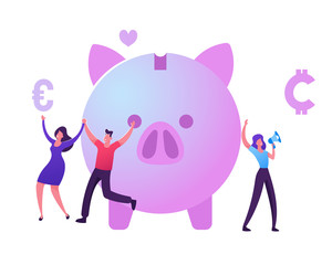 Bonus Card, Loyalty Program, Earn Reward, Redeem Gift, Perk Concept. Tiny Male and Female Characters Happily Jumping near Piggy Bank, Woman Promoter Shout to Megaphone Cartoon Flat Vector Illustration