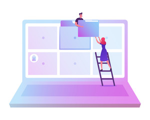 Archive Managing, Online Digital Database Concept. Businessman Giving Documents Folder from Laptop Screen to Businesswoman Stand on Ladder. Working Files Organization. Cartoon Flat Vector Illustration
