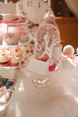 Candy bar at a wedding or birthday party in pink and white