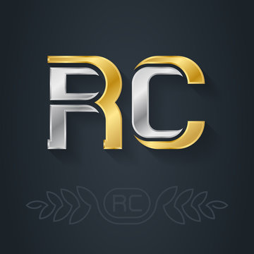 R and C - initials or gold and silver logo. RC - Metallic 3d icon or logotype template. Monogram with lineart option.