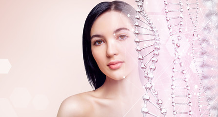 Sensual woman and glass DNA stems over light pink background.