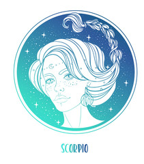 Illustration of Scorpio astrological sign as a beautiful girl. Zodiac vector illustration isolated on white. Future telling, horoscope, alchemy, spirituality, occultism, fashion woman.