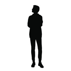 Vector silhouette of a man in a hoodie and jeans standing, profile, black color, isolated on a white background
