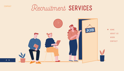Recruitment, Job Interview Website Landing Page. Unemployed People Searching Job. Applicants with Cv Documents Sitting in Office Hallway Web Page Banner. Cartoon Flat Vector Illustration, Line Art