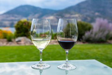 pair of wine glasses filled with red and white wines, selective focus and close up view against yard on Okanagan Lake and mountains background