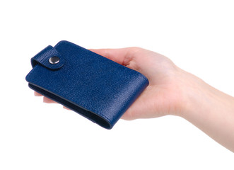 Leather card holder in hand on white background isolation