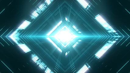 Virtual portal illustration in a rhombus shape with bright particles and a burst of a light in the center. Creative futuristic tunnel background for technology concept.