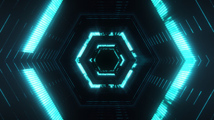 High technology background with futuristic portal. Hexagon shape tunnel in a cyber space.