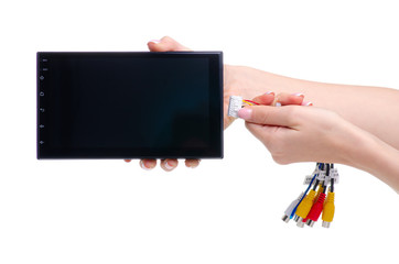 Car stereo system touch screen in hand on white background isolation