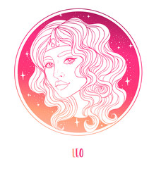 Illustration of Leo astrological sign as a beautiful girl. Zodiac vector illustration isolated on white. Future telling, horoscope, alchemy, spirituality, occultism, fashion woman.