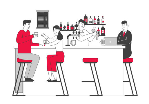 Bar Recreation Concept. People Visiting Pub, Couple Sit at High Chairs Drinking Alcohol on Counter Desk, Businessman Work on Laptop, Barman Making Cocktail Cartoon Flat Vector Illustration, Line Art