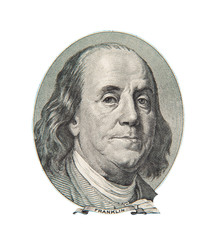 Benjamin Franklin portrait on one hundred US dollars banknote. Isolated on white. - obrazy, fototapety, plakaty
