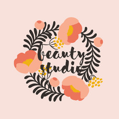 Vector logo design template in simple style of floral frame with coral color peony and copy space for text. Elegant emblem for fashion boutique, beauty studio or jewelry salon