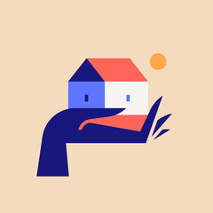 Fototapeta na wymiar Vector illustration in trendy minimal style of elegant hand holding cute small house at afternoon sun