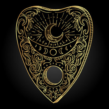 Heart-shaped planchette for spirit talking board. Vector isolated illustration in Victorian style. Mediumship divination equipment. flash tattoo drawing. Alchemy, religion, spirituality, occultism.