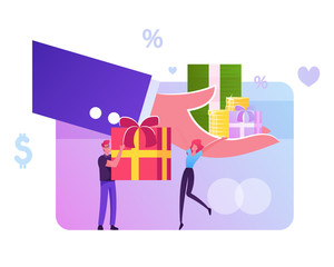 Huge Human Hand Give Gift Box to Male and Female Customer Characters. Festive Sale and Shopping Promotion Offer, Bonus System, People Using Coupon for Buying Presents. Cartoon Flat Vector Illustration
