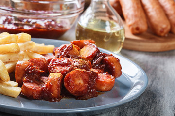 Traditional German currywurst - pieces of sausage with curry sauce