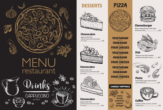 Restaurant food menu design, hand drawn illustrations. Vector food flyer.