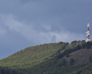 Sunlit pine hillside and a white and red telecommunications antenna on top