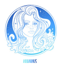 Illustration of Aquarius astrological sign as a beautiful girl. Zodiac vector illustration isolated on white. Future telling, horoscope, alchemy, spirituality, occultism, fashion woman.