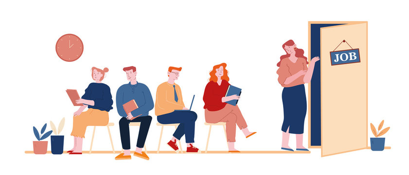 People Waiting Job Interview Sitting in Office Lobby on Chairs. Applicants with Cv Documents Hiring Work. Female Hr Agent Invite Worried Candidate to Cabinet Cartoon Flat Vector Illustration, Line Art