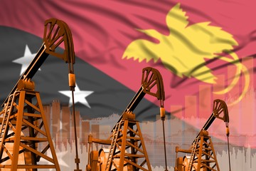 industrial illustration of oil wells - Papua New Guinea oil industry concept on flag background. 3D Illustration