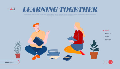 Education in University or College Website Landing Page. Young Man and Woman Students with Gadget and Books Sit on Floor Learning Together Web Page Banner. Cartoon Flat Vector Illustration, Line Art