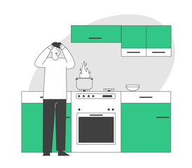 Frightened Man Stand at Oven with Burning Fire in Pan. Household Character Every Day Routine, Weekend Chores Housekeeping Process Unhappy Culinary Experience Cartoon Flat Vector Illustration, Line Art