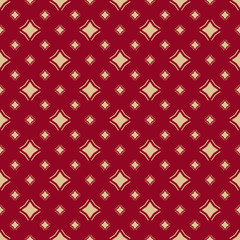 Golden vector geometric seamless pattern with diamond shapes, stars, rhombuses. Simple background in burgundy and gold color. Abstract graphic texture. Elegant repeated design for decor, wallpapers