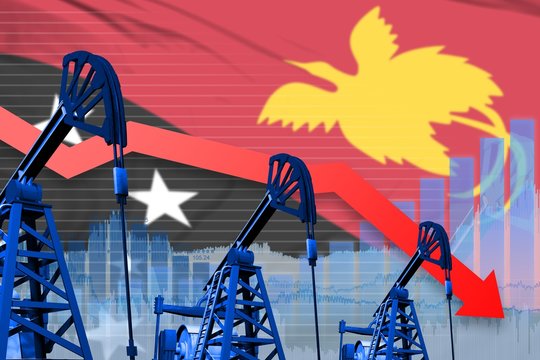 lowering, falling graph on Papua New Guinea flag background - industrial illustration of Papua New Guinea oil industry or market concept. 3D Illustration