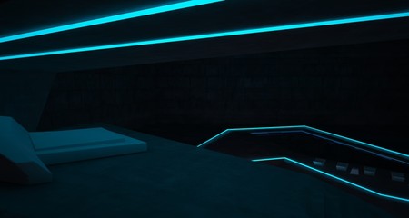 Abstract architectural concrete interior of a minimalist house with colored neon lighting. 3D illustration and rendering.