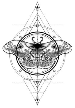Black and white moth over sacred geometry sign, isolated vector illustration. Tattoo flash. Mystical symbols and insects. Alchemy, occultism, spirituality, coloring book. Hand-drawn vintage.