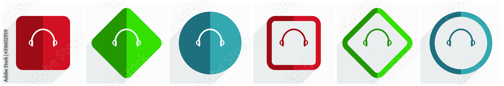Aufkleber headphones icon set, flat design vector illustration in 6 options for webdesign and mobile applicati