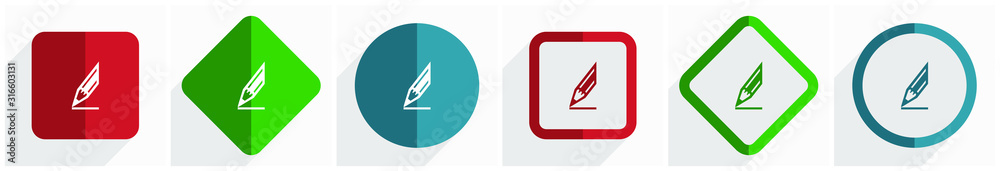Leinwandbilder pencil icon set, flat design vector illustration in 6 options for webdesign and mobile applications 