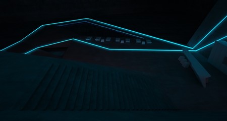 Abstract architectural concrete interior of a minimalist house with colored neon lighting. 3D illustration and rendering.