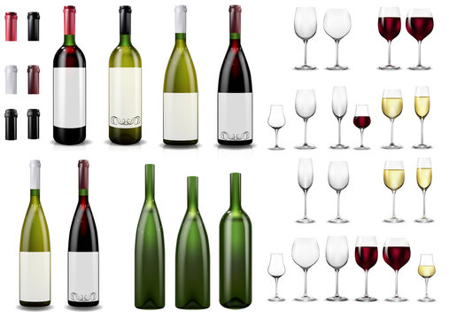 Red And White Wine Bottles And Glasses. Realistic Mockup