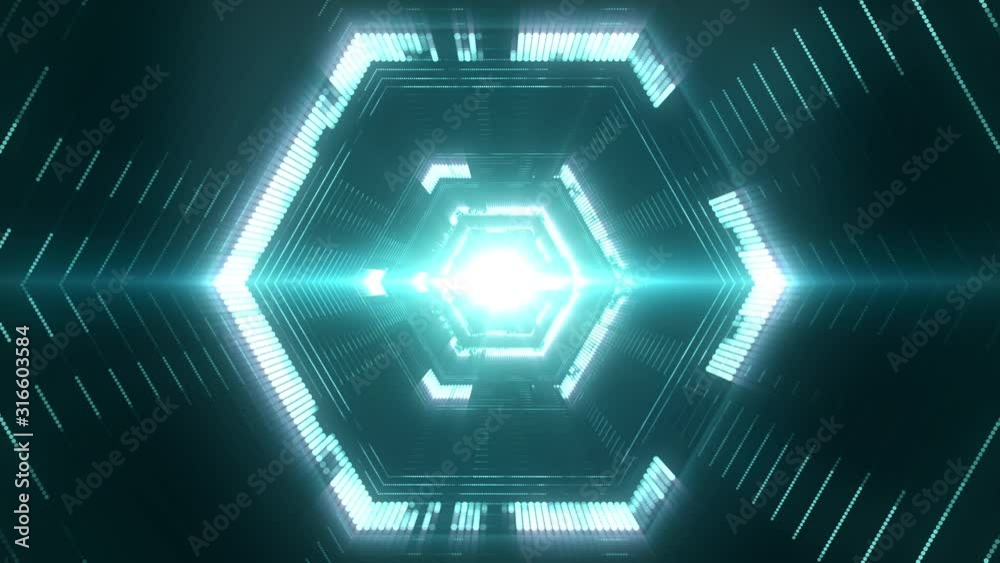 Poster abstract technology background with hexagonal tunnel and burst of light in the center. creative cybe