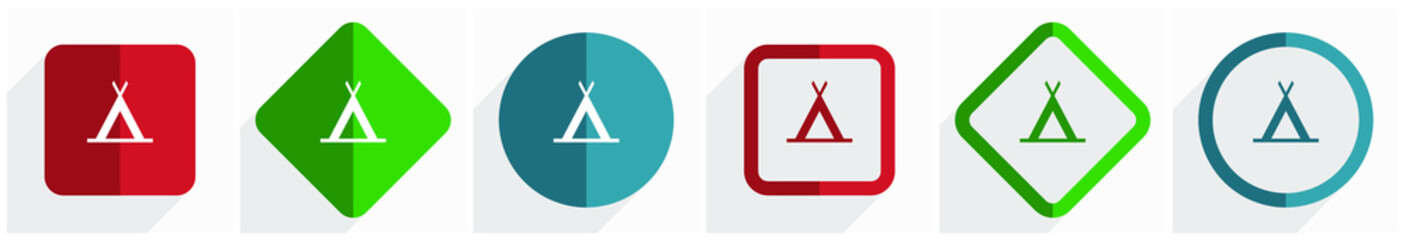 Camp icon set, flat design vector illustration in 6 options for webdesign and mobile applications in eps 10