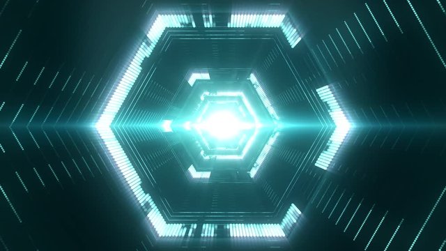 Abstract technology background with hexagonal tunnel and burst of light in the center. Creative cyberspace texture for futuristic concept. Seamless loop.