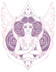 African American magic woman holding all seeing eye with rays. Vector Illustration. Mysterious black girl over sacred geometry symbols and wings. Alchemy, religion, spirituality, occultism, tattoo art