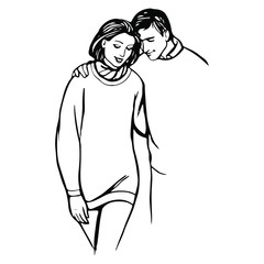 St. Valentine's Day. Loving couple hand-painted. Man and woman isolated on a white background. Outline. Suitable for postcards, covers, magazines, prints. Stock vector illustration.