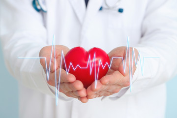 Male cardiologist with red heart and cardiogram, closeup