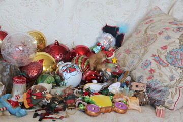 Vintage Christmas tree ornaments and lights from the '50s. Christmas and winter holiday concept.