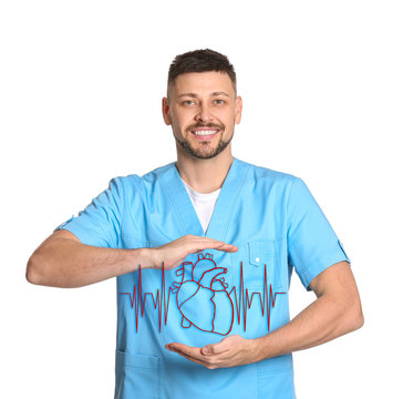 Male cardiologist with drawn heart and cardiogram on white background