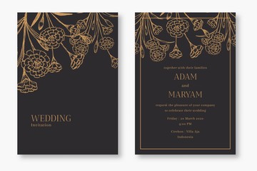 set modern floral outline hand drawn luxury wedding invitation design or card templates for wedding or fashion or greeting with carnation flower texture elegant background bundle vector illustration