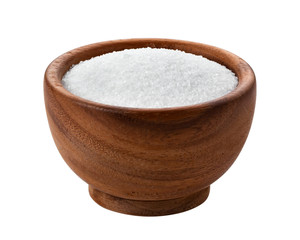 Sugar in wooden bowl isolated on white background