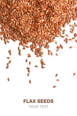 Heap of flax seeds on white background with space for text